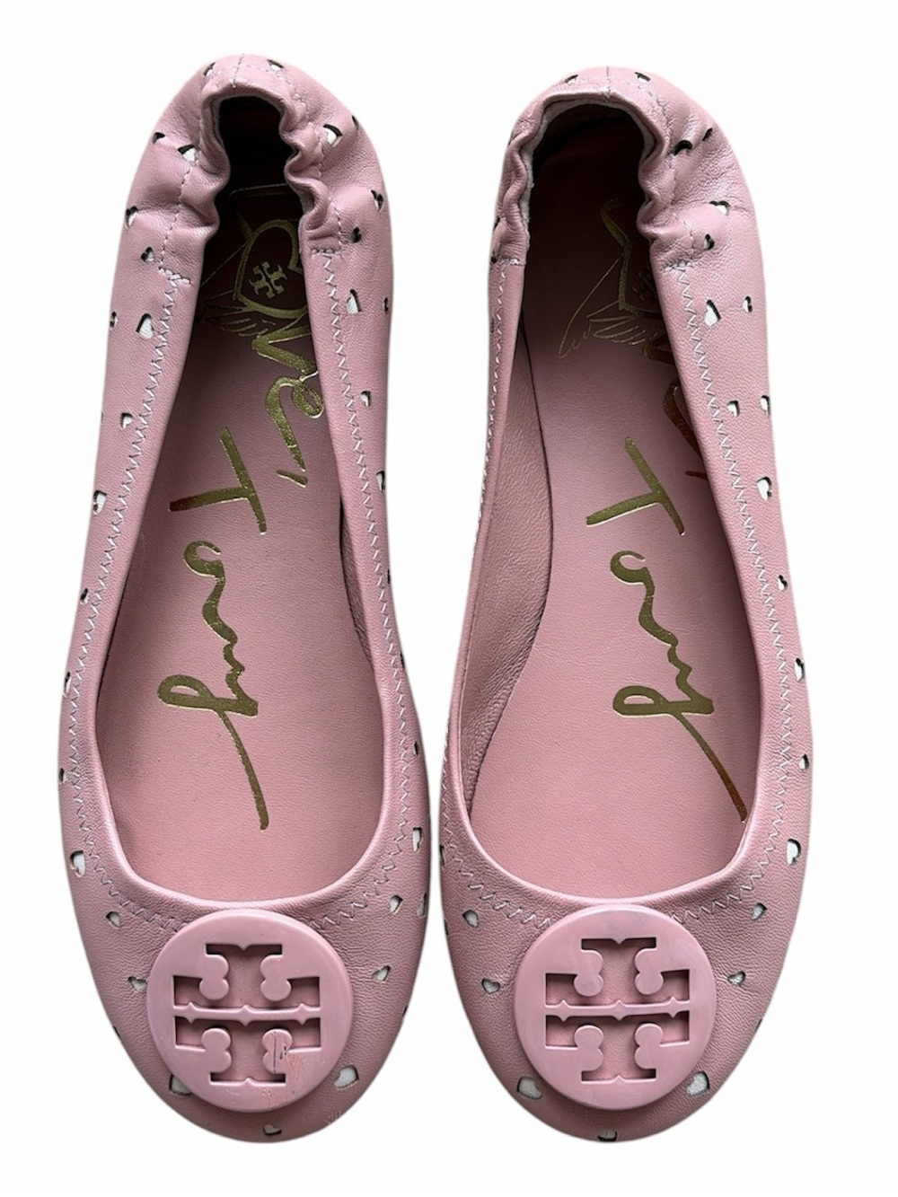 Tory Burch Pink Leather Logo Round-Toe Ballet Flats